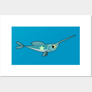 happy little swordfish with a star on its body Posters and Art
